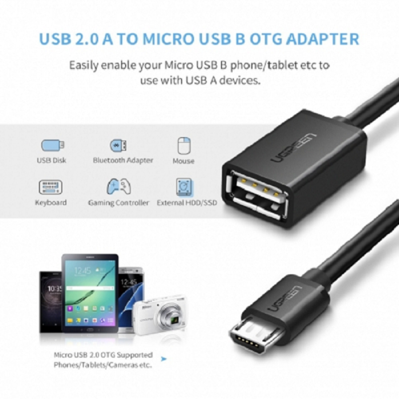 Ugreen 10396 cáp chuyển đổi  Micro USB Male to USB-A Female có mạ Niken 15cm (Đen)